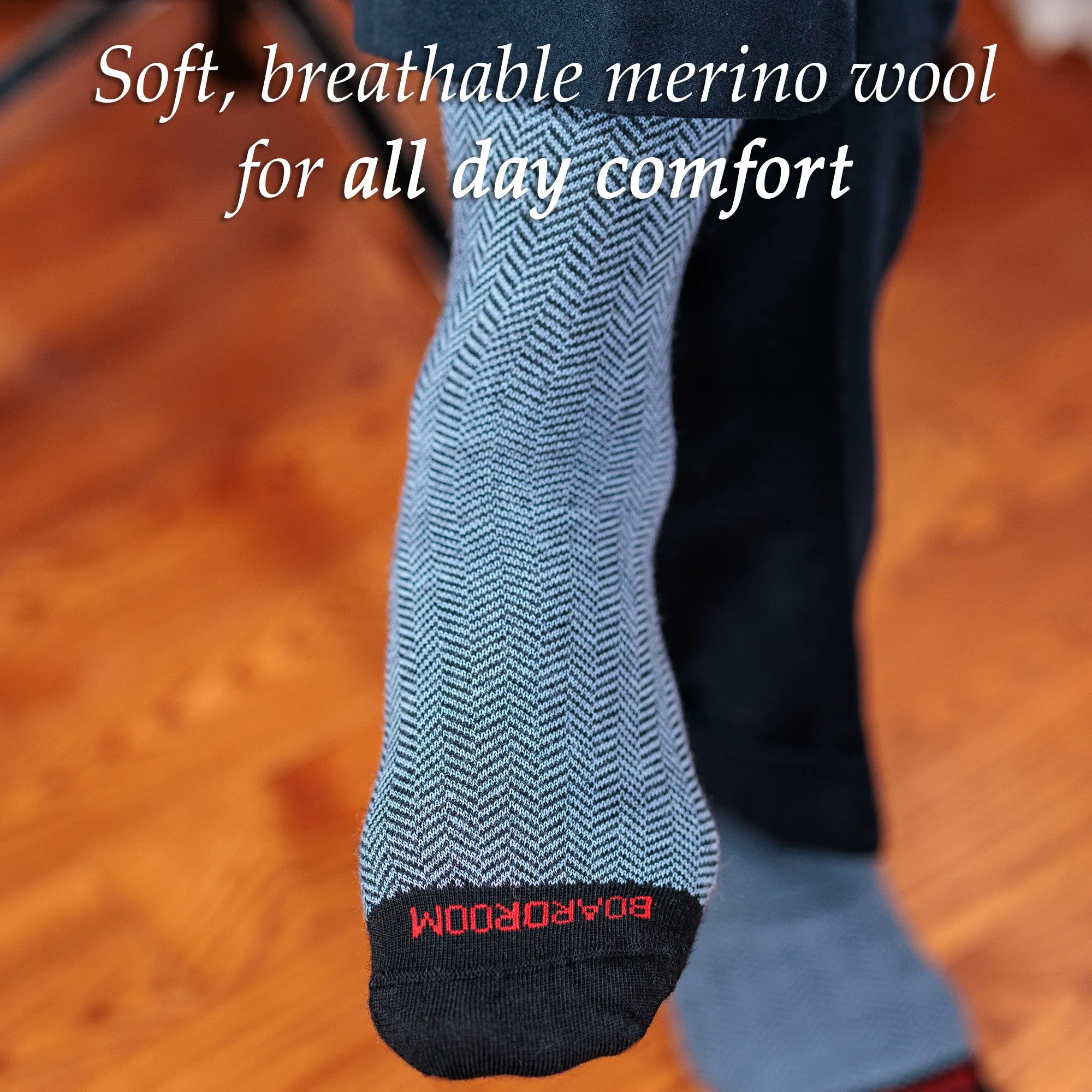 Sky Blue and Black Herringbone Merino Wool Mid-Calf Dress Socks