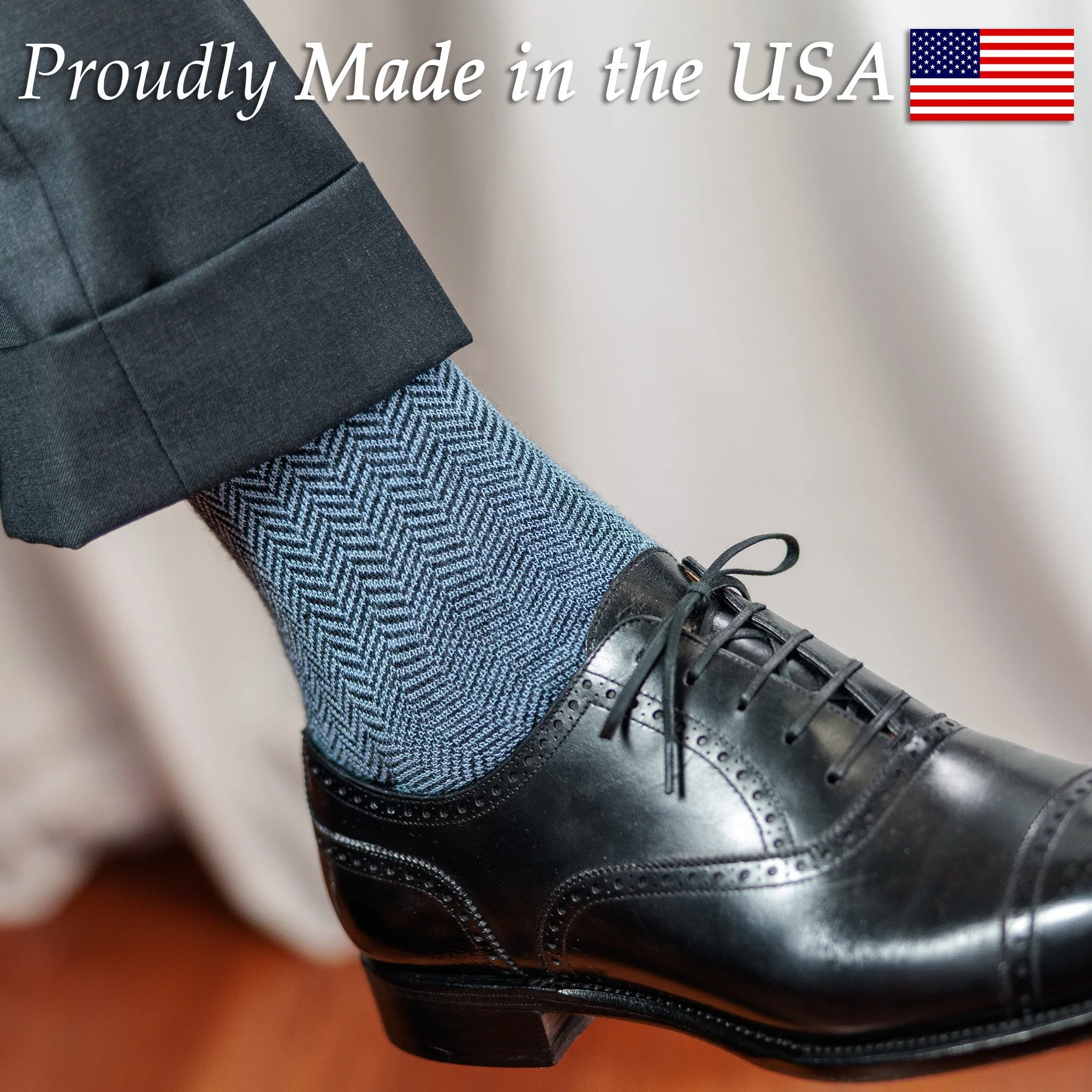 Sky Blue and Black Herringbone Merino Wool Mid-Calf Dress Socks