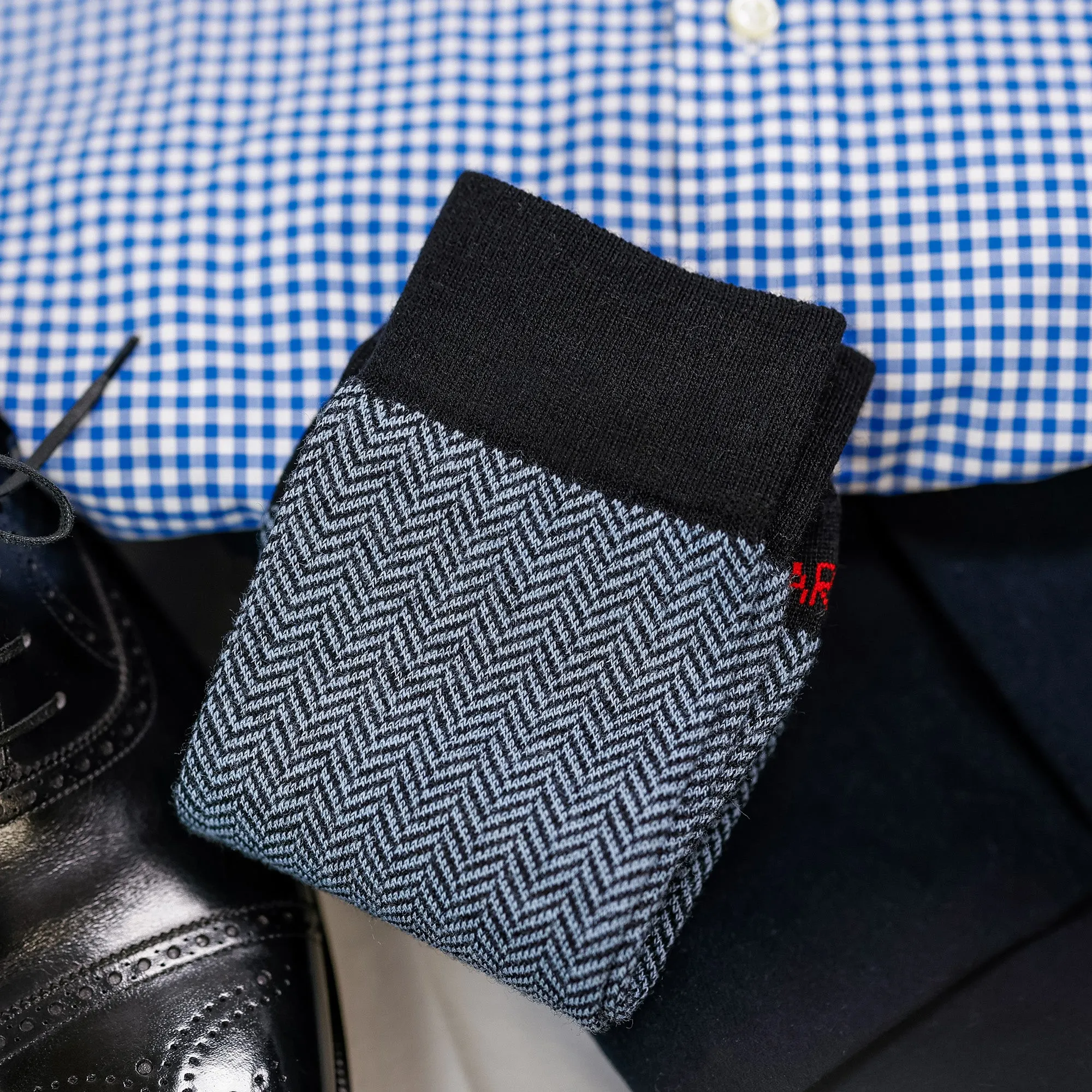 Sky Blue and Black Herringbone Merino Wool Mid-Calf Dress Socks