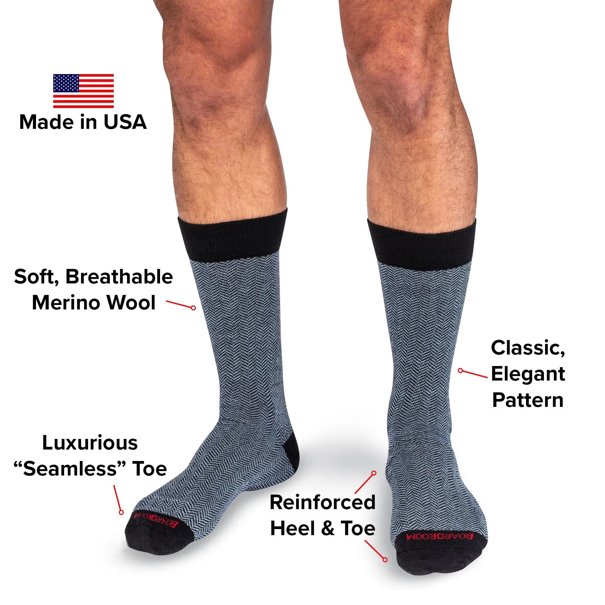 Sky Blue and Black Herringbone Merino Wool Mid-Calf Dress Socks