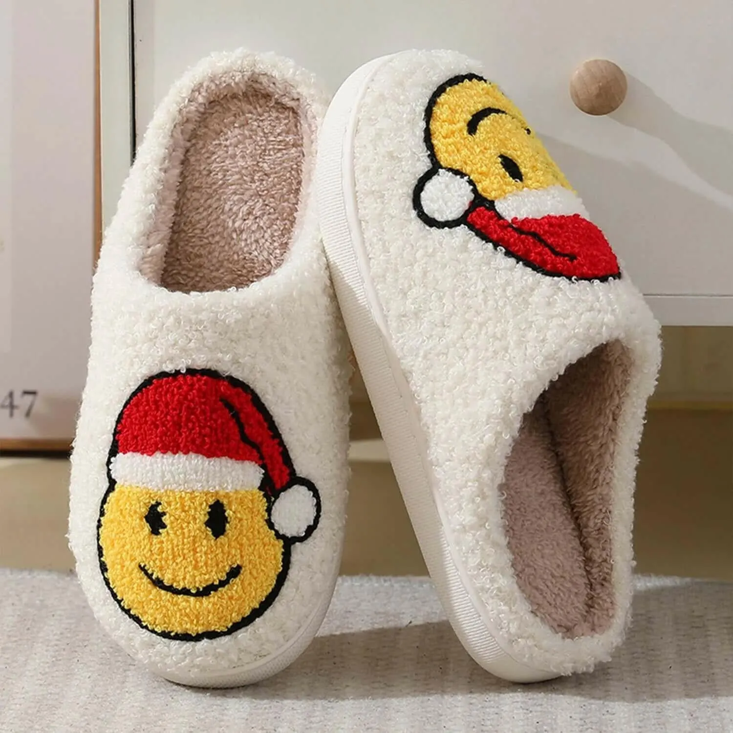 Smile Face Slippers for Women Men, Anti-Slip Soft Plush House Slippers with Memory Foam Slip Cute Cartoon Shoes Warmth for Indoor Outdoor（44/45）