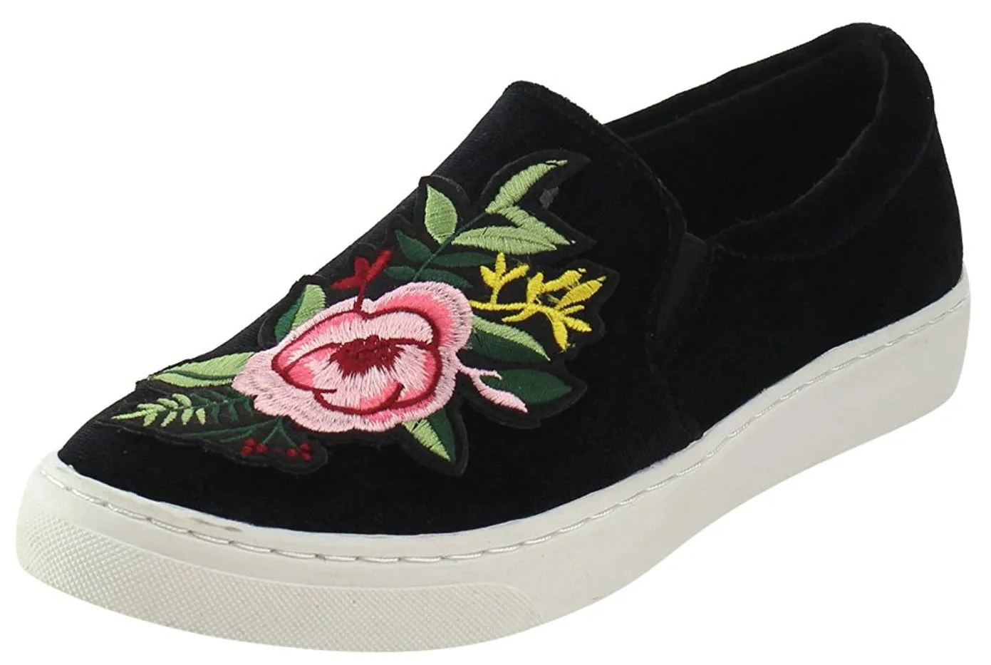 Soda Women's Velvet Embroidered Floral Slip On Fashion Sneaker