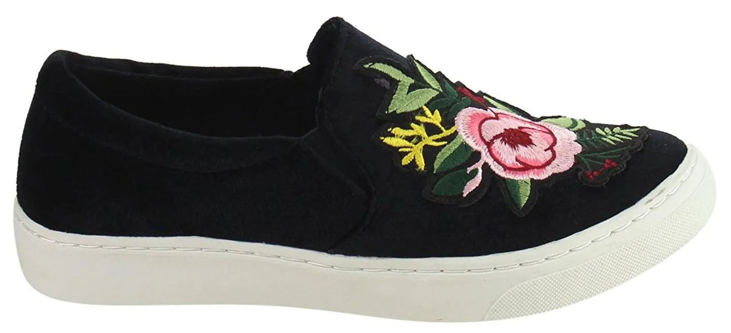 Soda Women's Velvet Embroidered Floral Slip On Fashion Sneaker