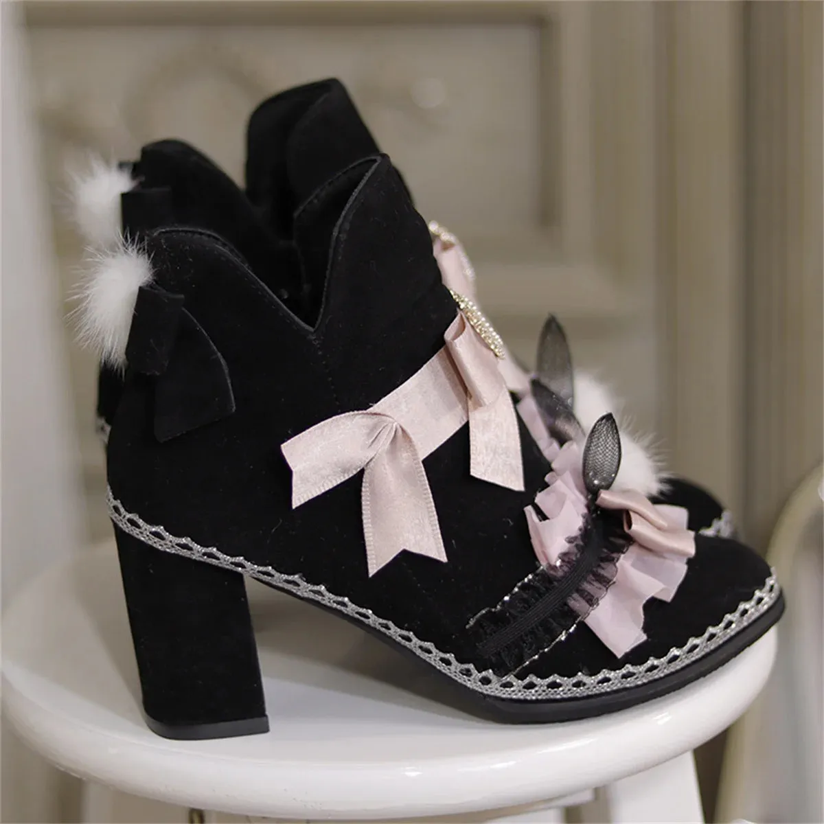 Sohiwoo Japanese Sweet Style Lolita Girls Shoes Cosplay Cute Bowknot Pearls Love Ruffle Kawaii Hairball Rabbit Ear 8cm High Heel Shoes