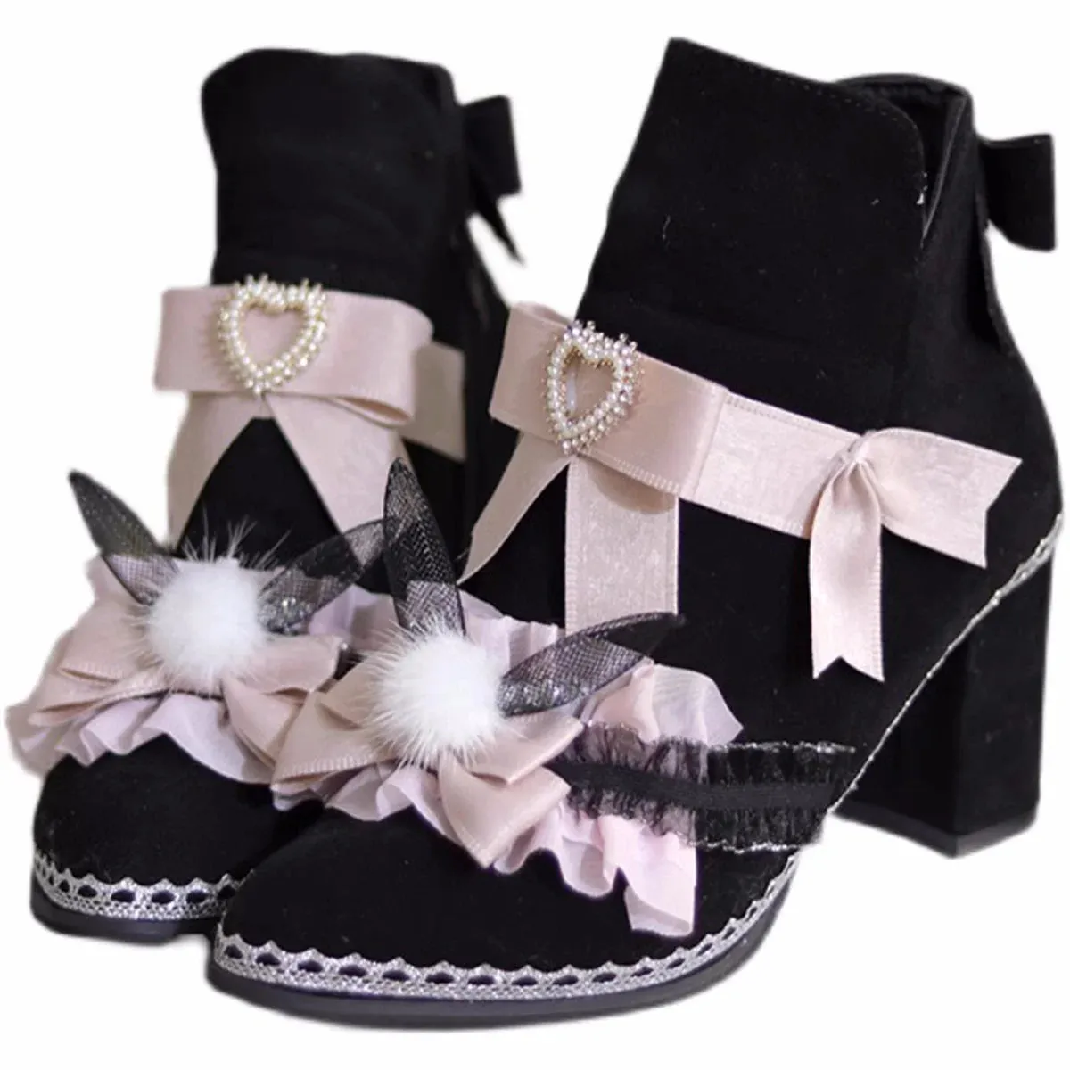 Sohiwoo Japanese Sweet Style Lolita Girls Shoes Cosplay Cute Bowknot Pearls Love Ruffle Kawaii Hairball Rabbit Ear 8cm High Heel Shoes