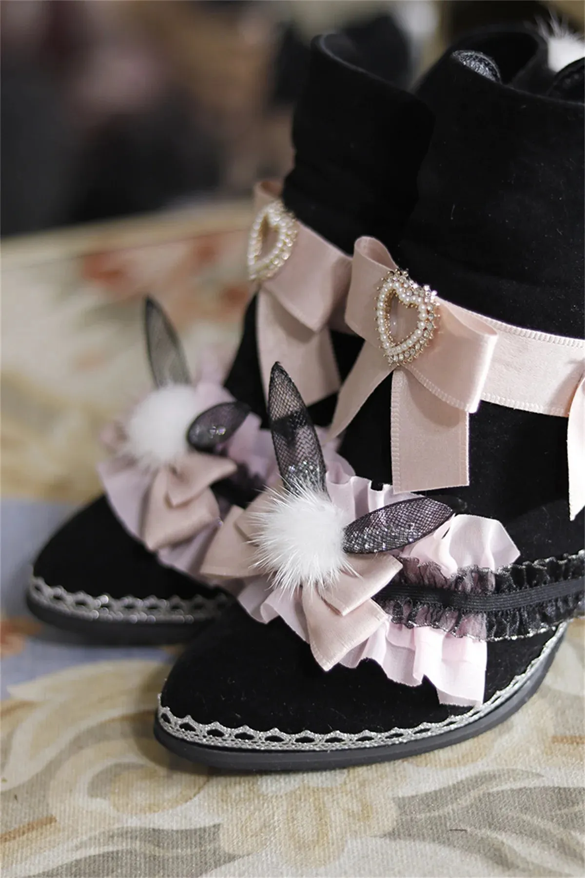 Sohiwoo Japanese Sweet Style Lolita Girls Shoes Cosplay Cute Bowknot Pearls Love Ruffle Kawaii Hairball Rabbit Ear 8cm High Heel Shoes