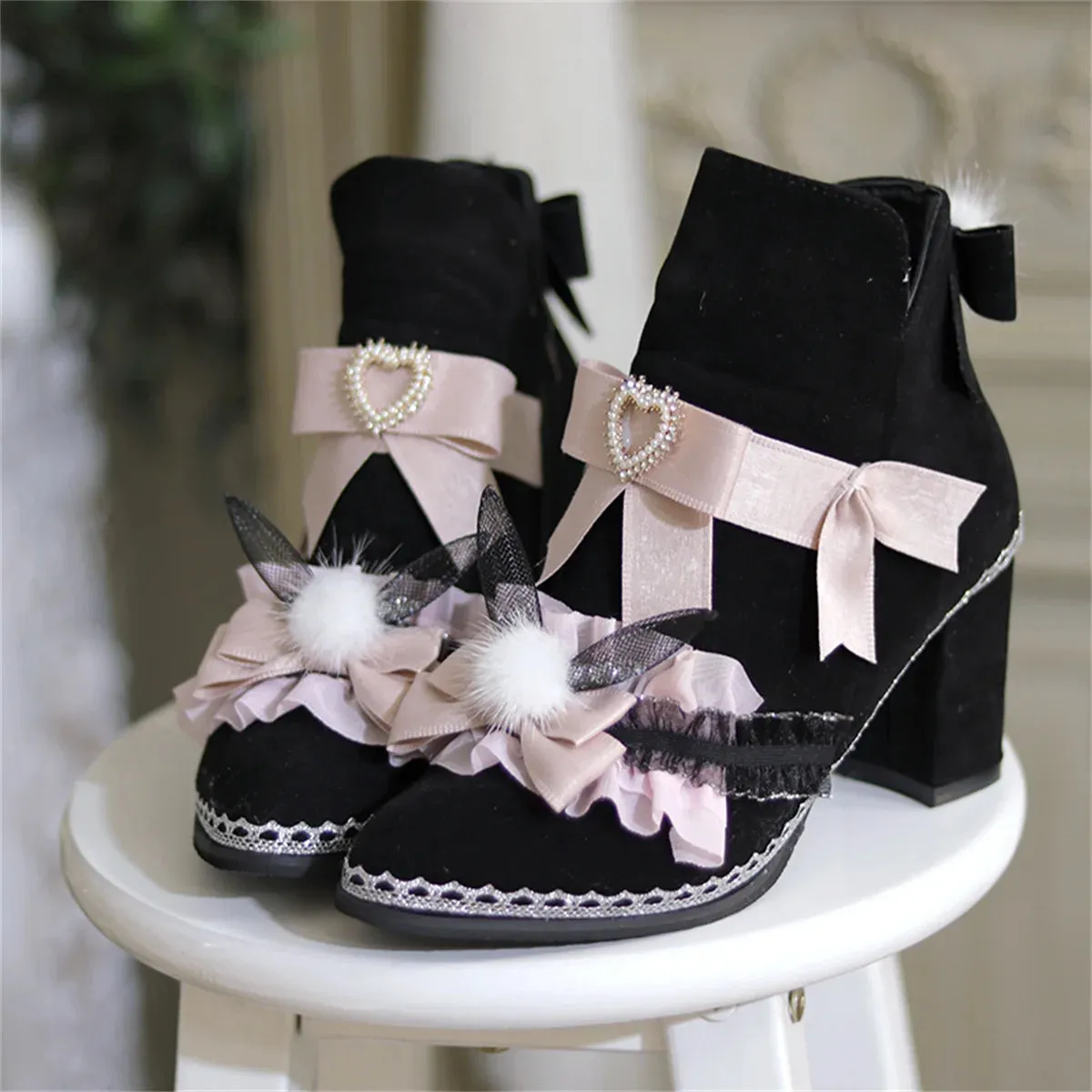 Sohiwoo Japanese Sweet Style Lolita Girls Shoes Cosplay Cute Bowknot Pearls Love Ruffle Kawaii Hairball Rabbit Ear 8cm High Heel Shoes