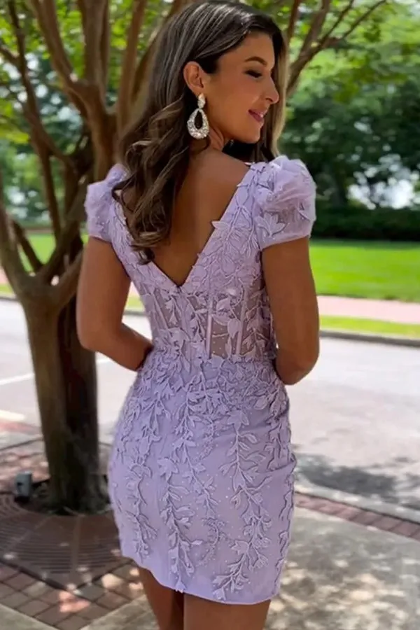 Square Neck Short Lilac Homecoming Dress With Appliques PD549