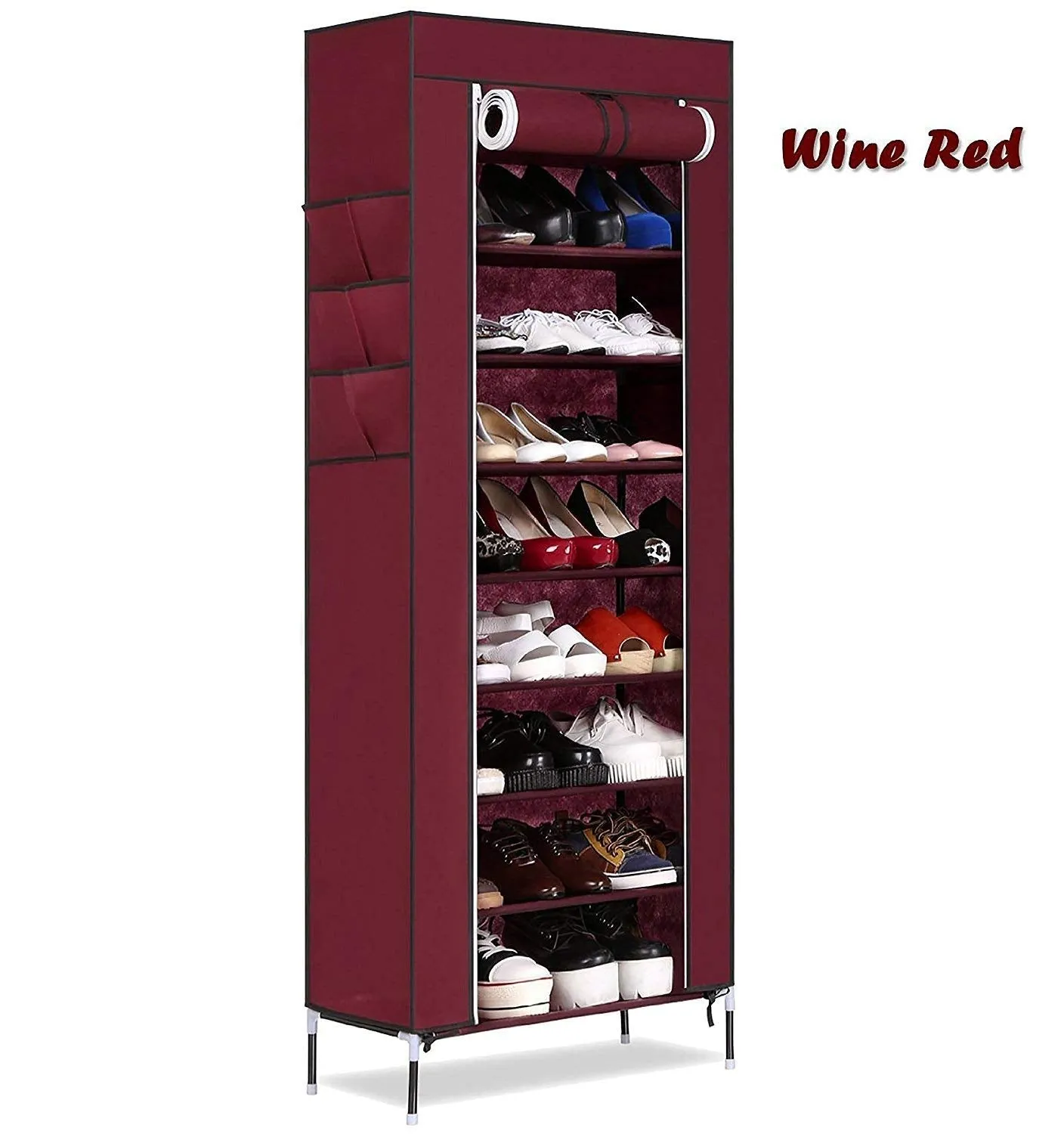 Styleys Shoe Rack/Multipurpose Storage Rack with Dustproof Cover (Iron Pipes, Non Woven Fabric, Plastic Connector) (Wine Red, 9 Layer)