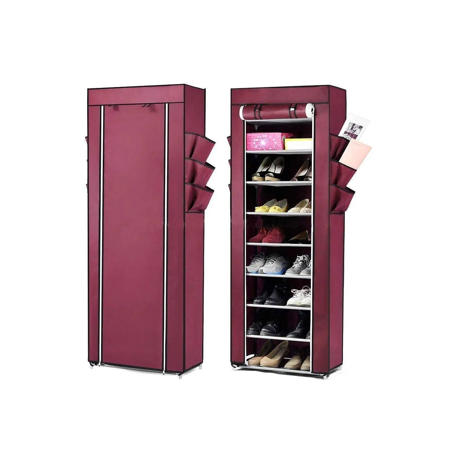 Styleys Shoe Rack/Multipurpose Storage Rack with Dustproof Cover (Iron Pipes, Non Woven Fabric, Plastic Connector) (Wine Red, 9 Layer)