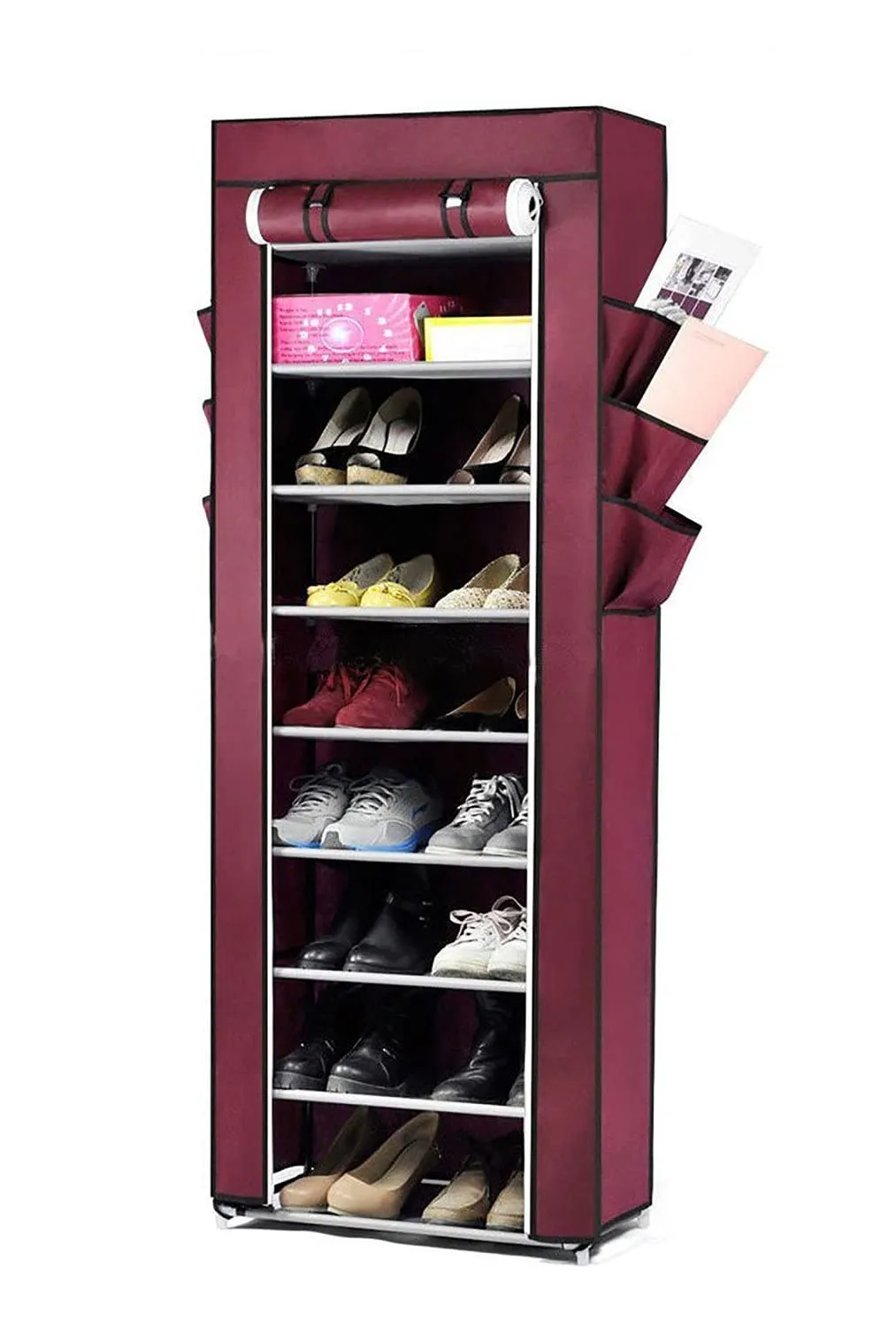 Styleys Shoe Rack/Multipurpose Storage Rack with Dustproof Cover (Iron Pipes, Non Woven Fabric, Plastic Connector) (Wine Red, 9 Layer)