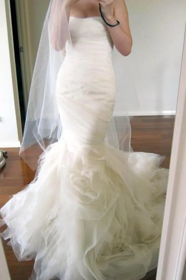 Sweetheart Sweep Train Tiered Mermaid  Ivory Wedding Dress Ruched WD162