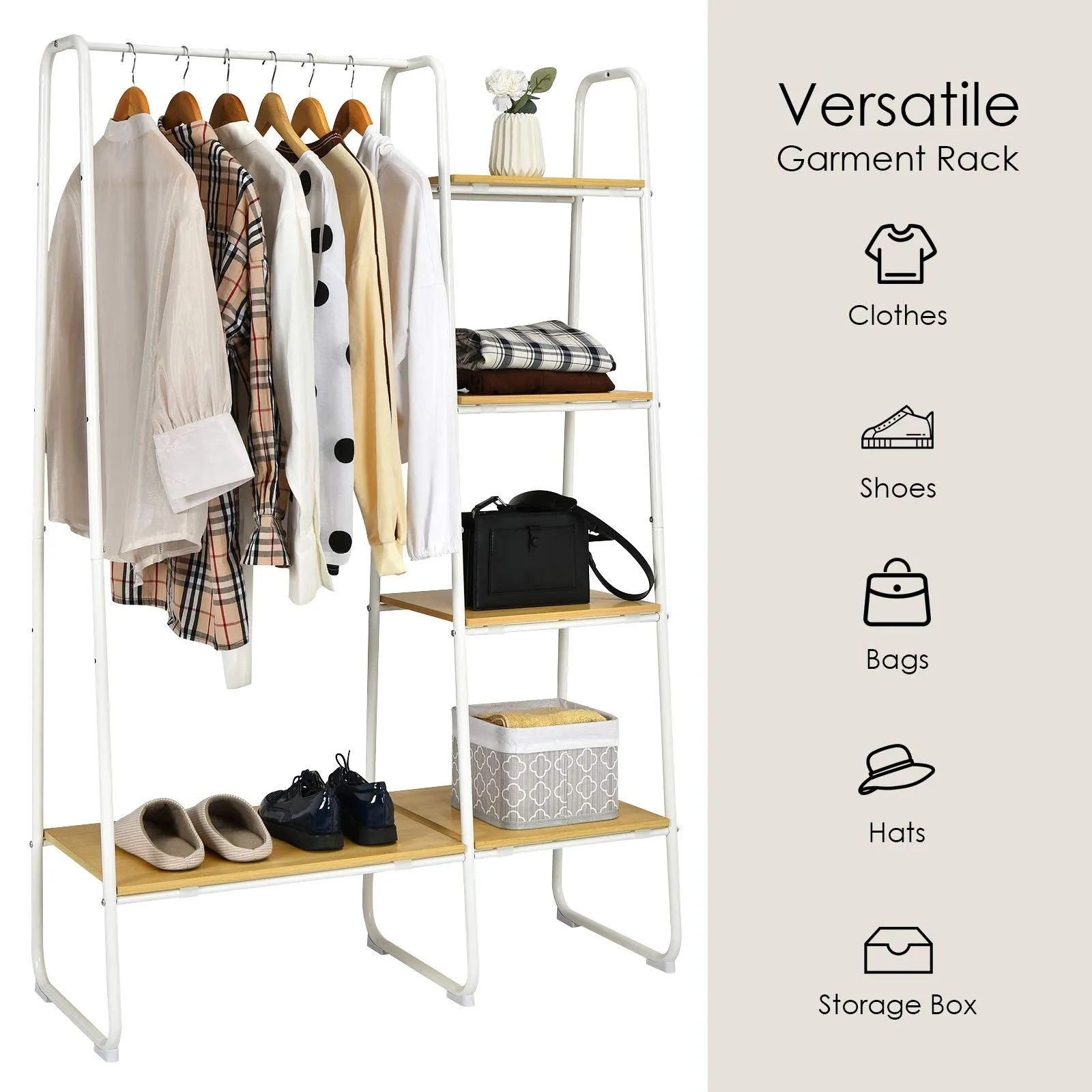 Tangkula Metal Garment Rack, Free Standing Closet Storage Organizer w/ 5 Shelves & Hanging Bar