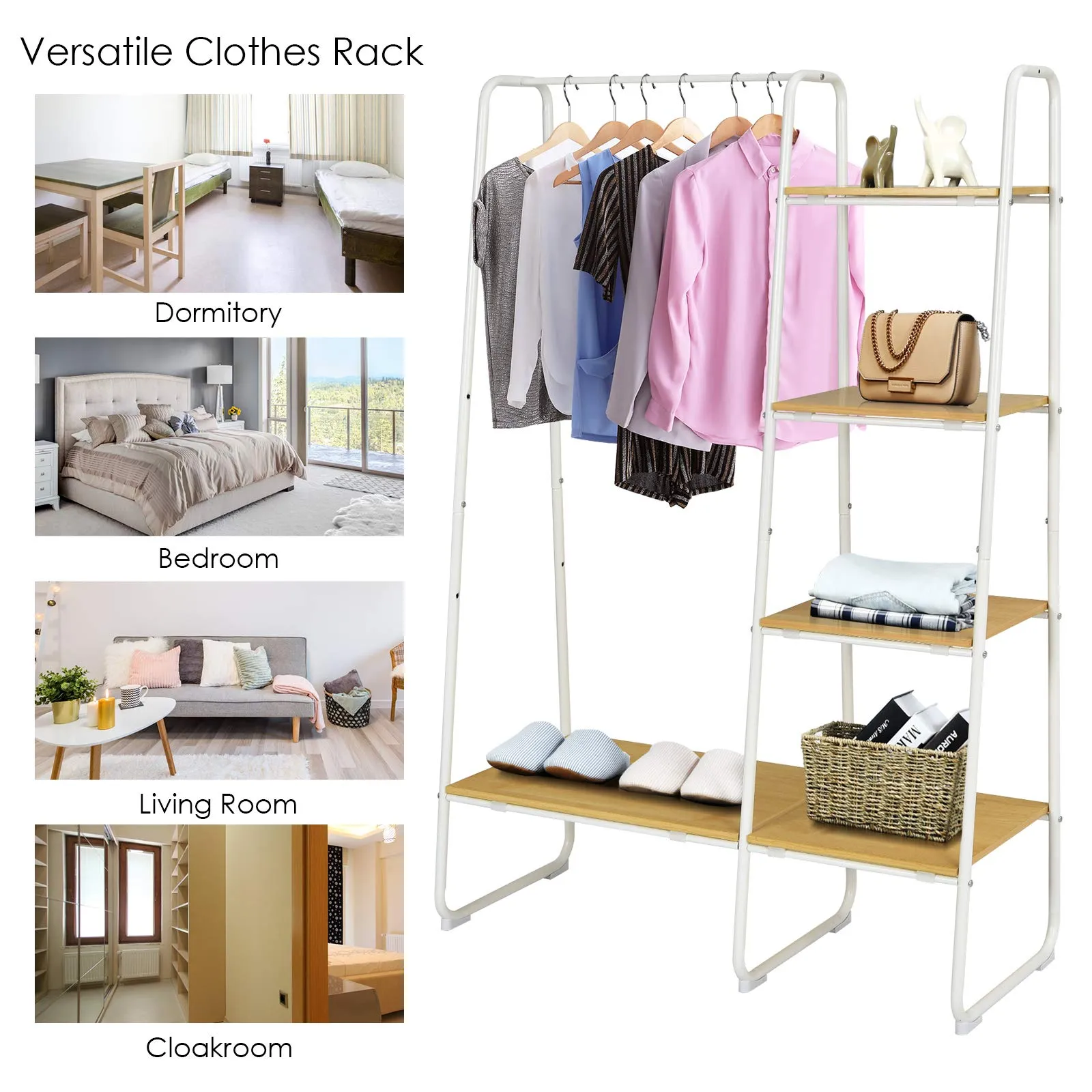 Tangkula Metal Garment Rack, Free Standing Closet Storage Organizer w/ 5 Shelves & Hanging Bar