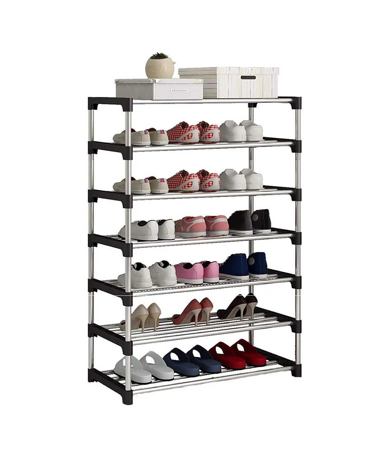 Three Secondz Shoe Rack Matel Shoe Stand Storage Organizer Shoe Cabinet Durable Stainless Steel Portable Iron Shoe Rack (7 Layer, Black)