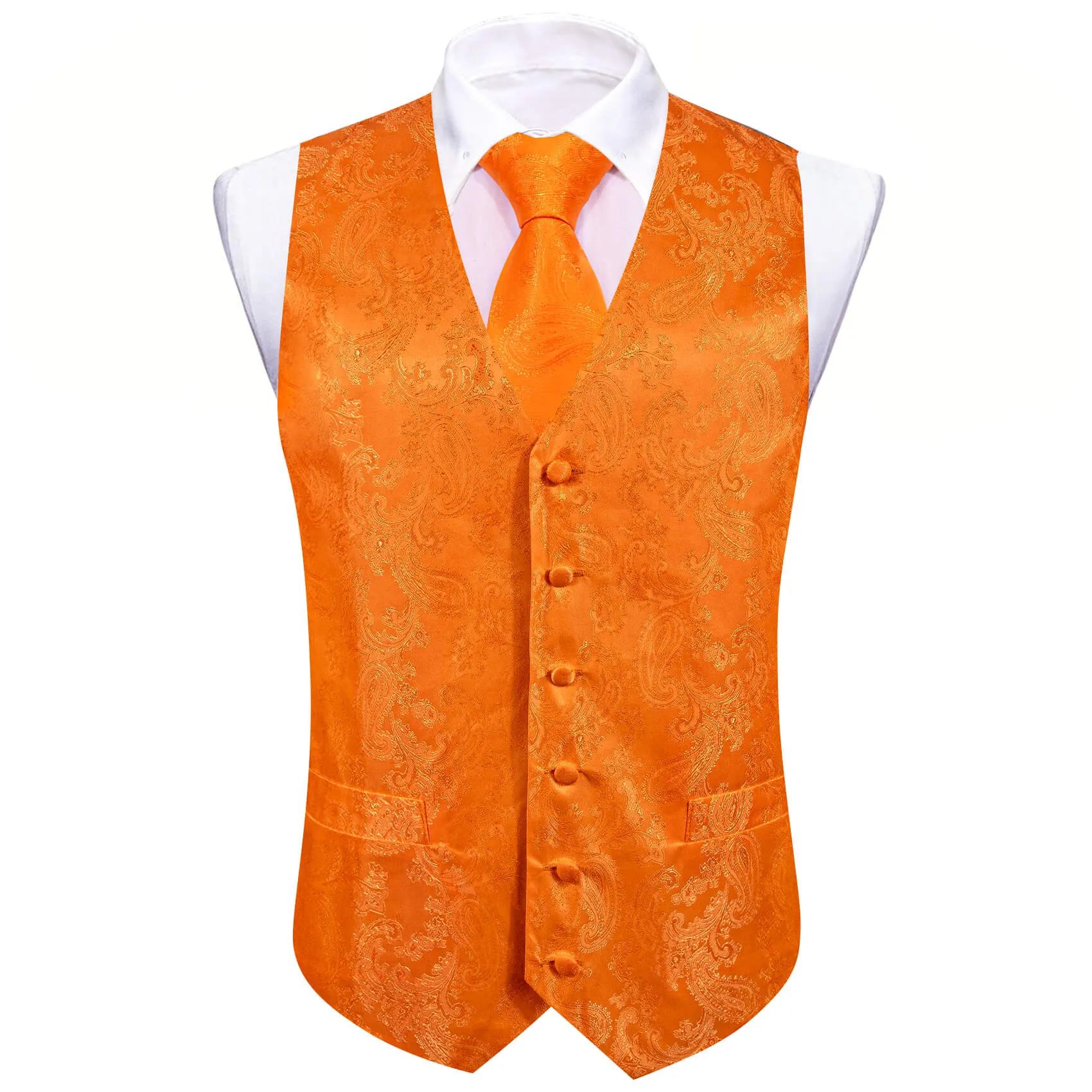 Ties2you Men's Vest Tiger Orange Paisley Silk Vest Tie Bow Tie Set