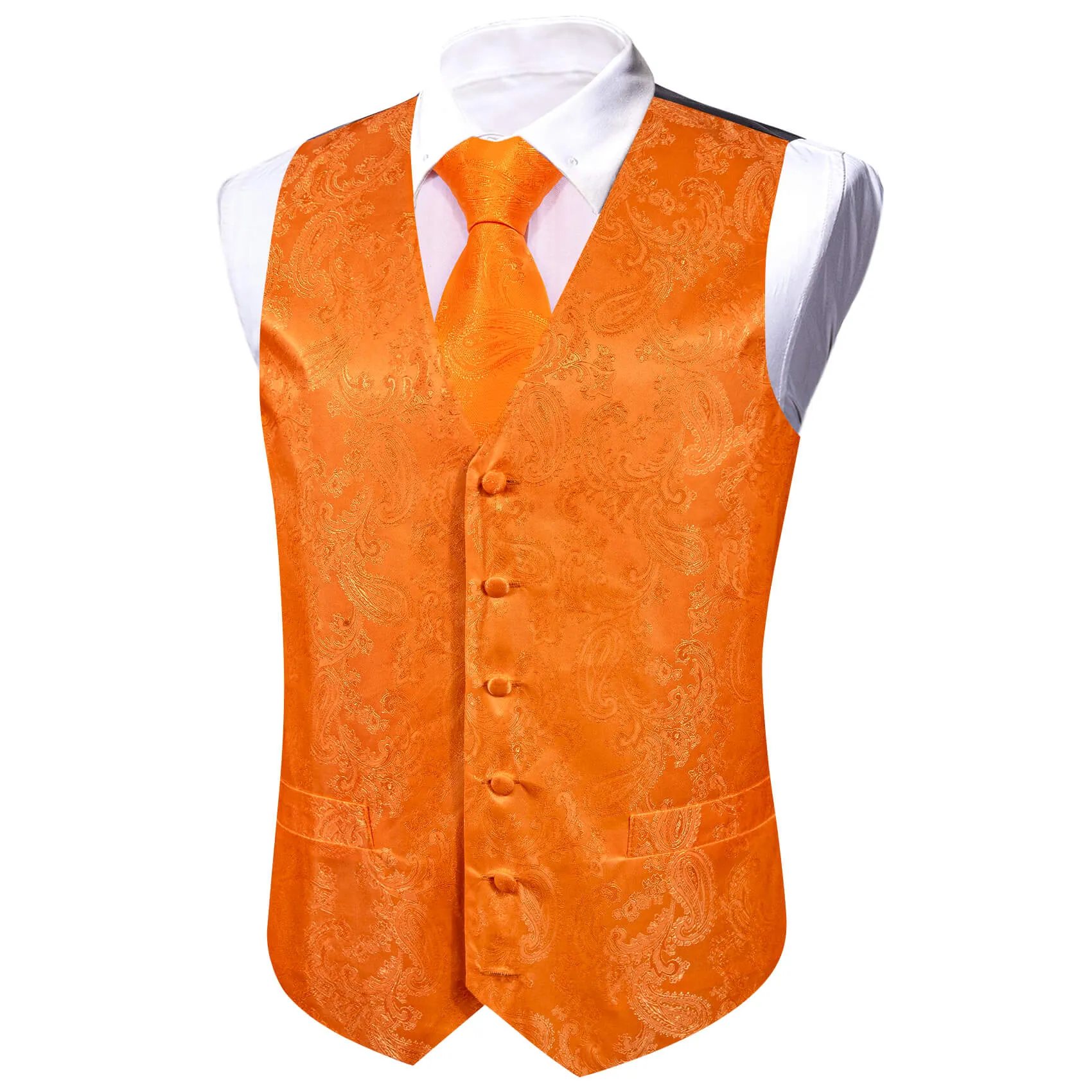 Ties2you Men's Vest Tiger Orange Paisley Silk Vest Tie Bow Tie Set