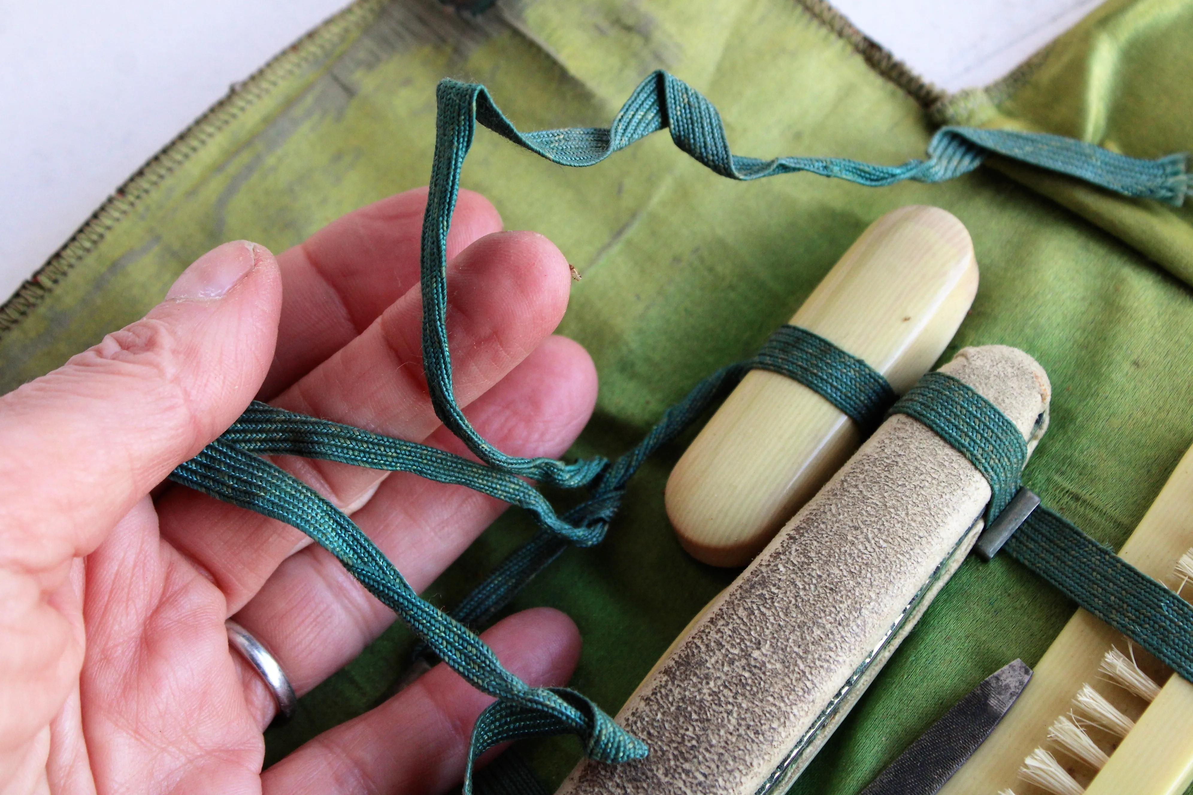 Vintage 1920s 1930s Grooming Kit,  Art Deco Black Leather with Green Silk Lining