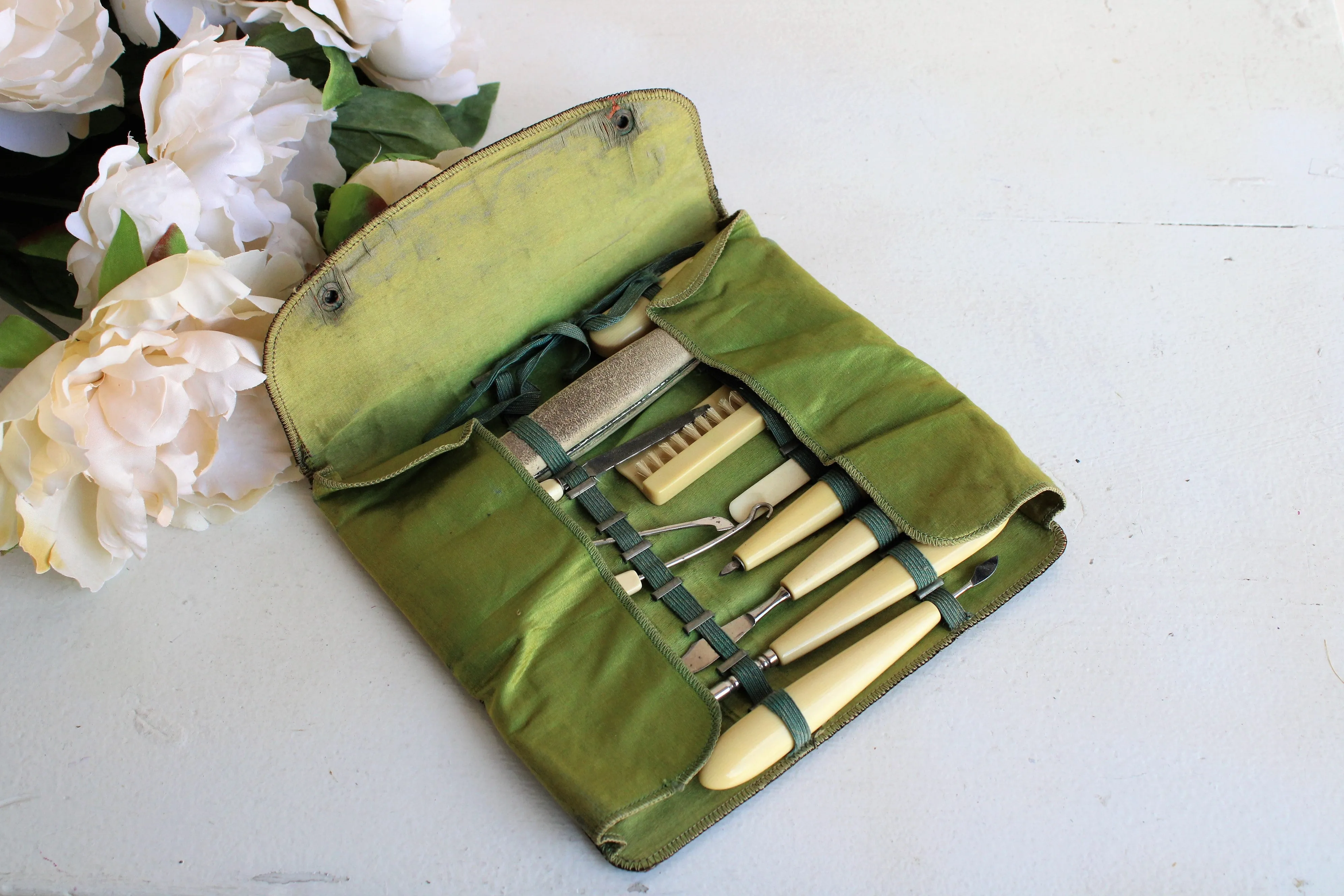 Vintage 1920s 1930s Grooming Kit,  Art Deco Black Leather with Green Silk Lining