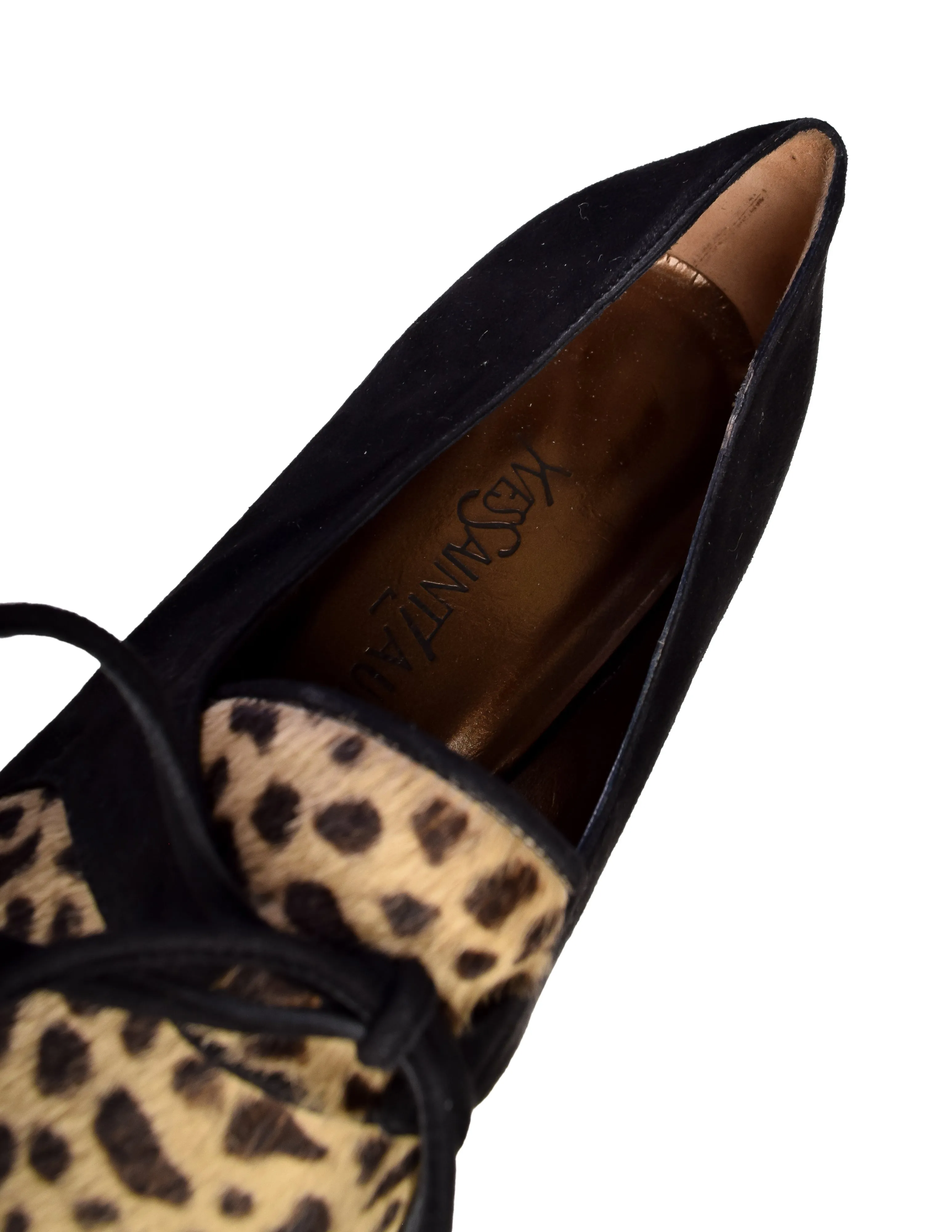 Yves Saint Laurent Vintage 1990s Animal Print Pony Hair and Black Suede Oxford Shoes