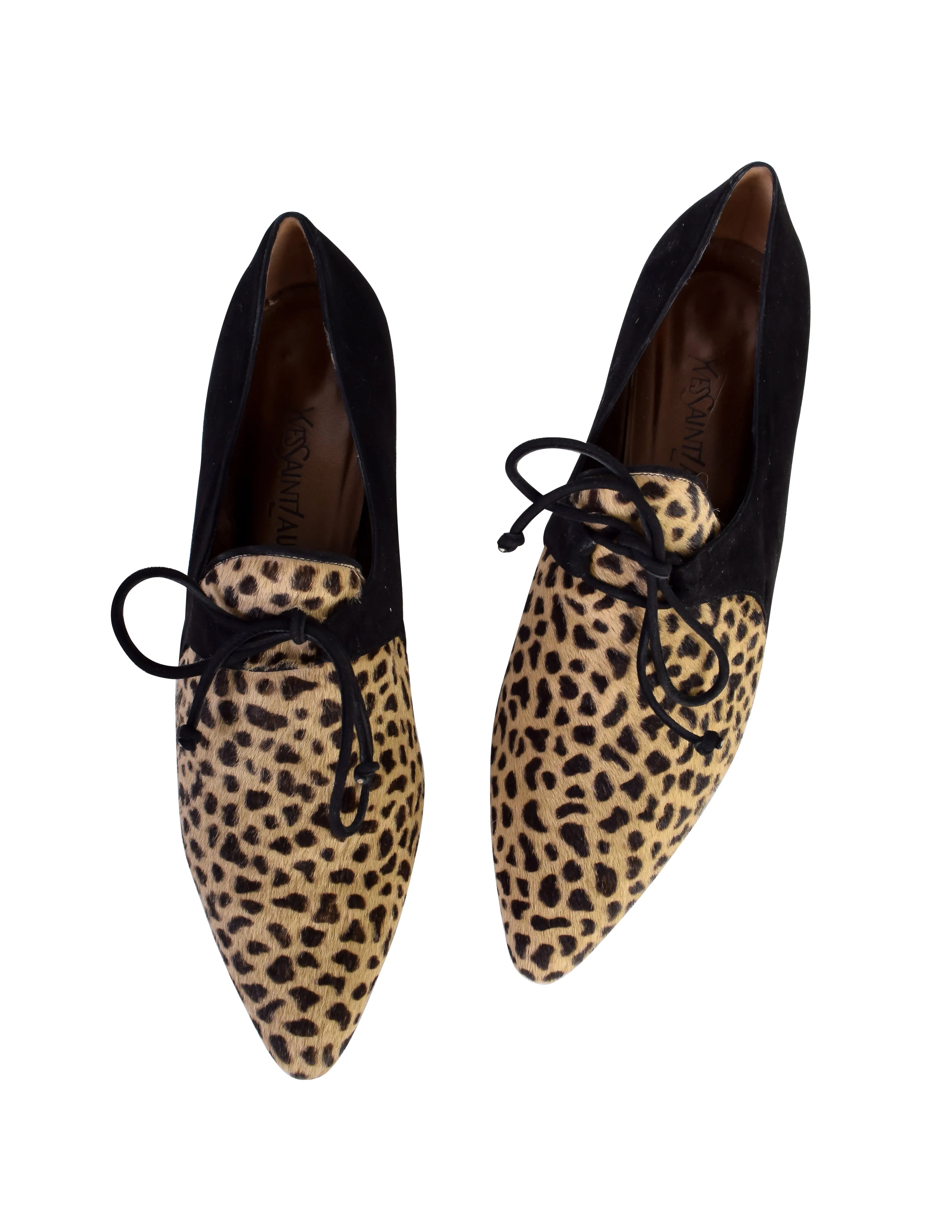 Yves Saint Laurent Vintage 1990s Animal Print Pony Hair and Black Suede Oxford Shoes